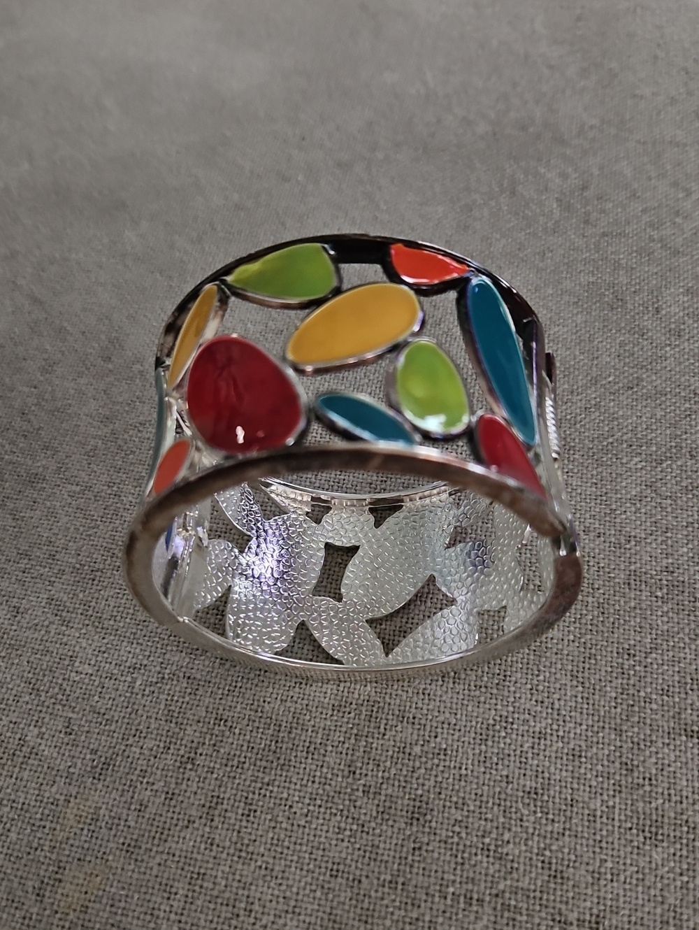 Multicolor Enamel Wide Cuff Bracelet - Silver Tone
